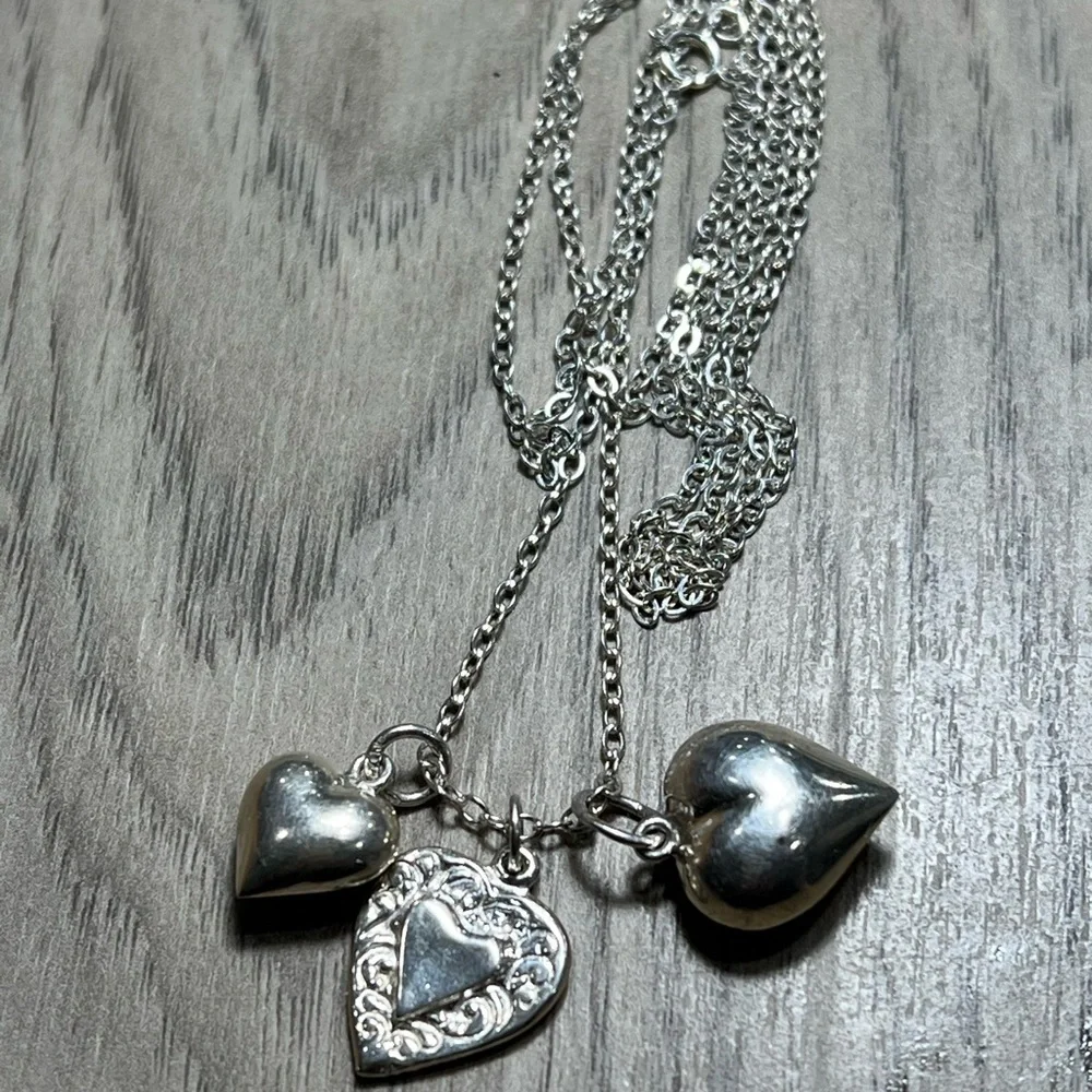 Vintage Sterling Silver Triple Heart Charms Necklace